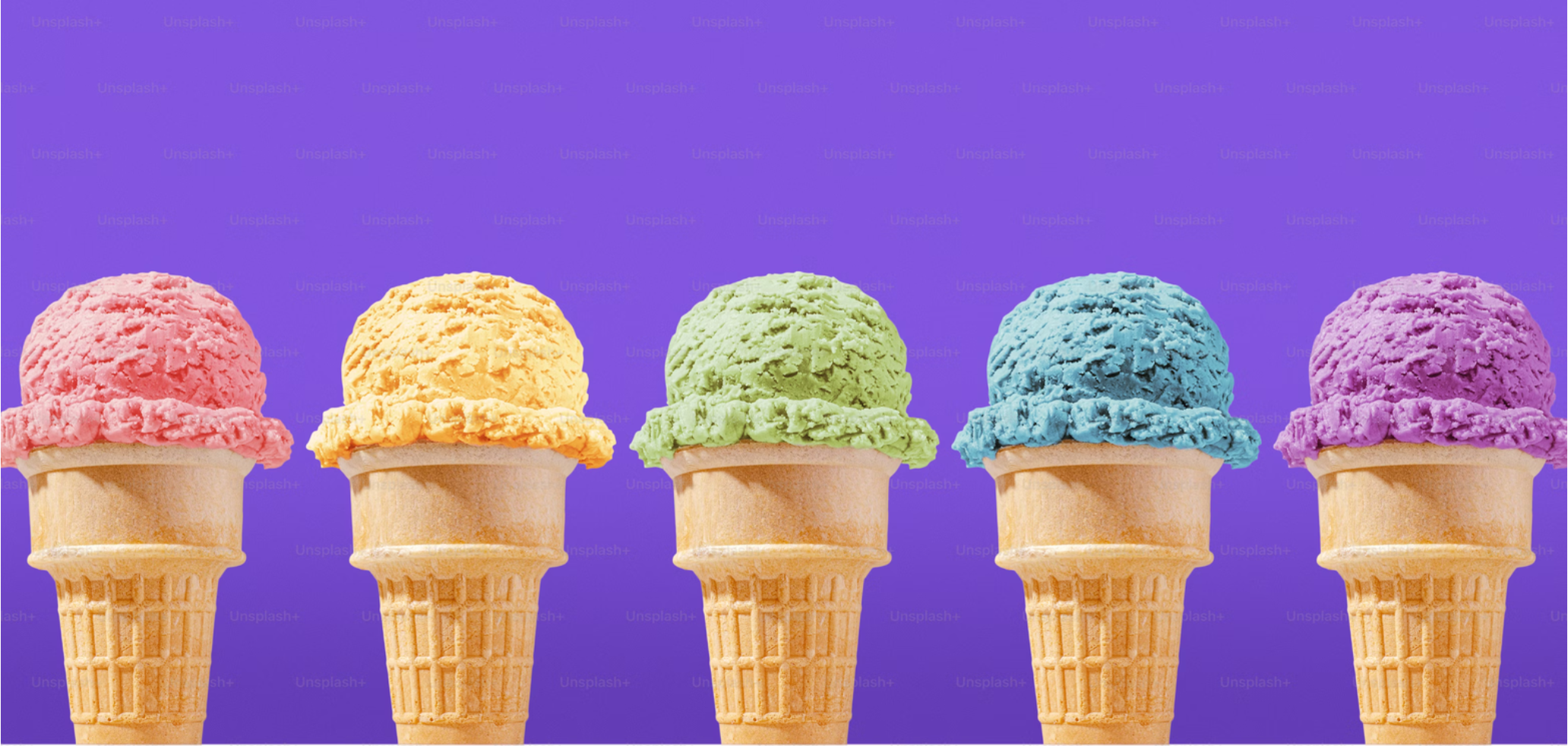 Five ice cream cones in a row, each with a different color scoop: pink, yellow, green, blue, and purple, against a solid purple background. It's like a colorful celebration you might find at a Portland LGBTQ meetup!